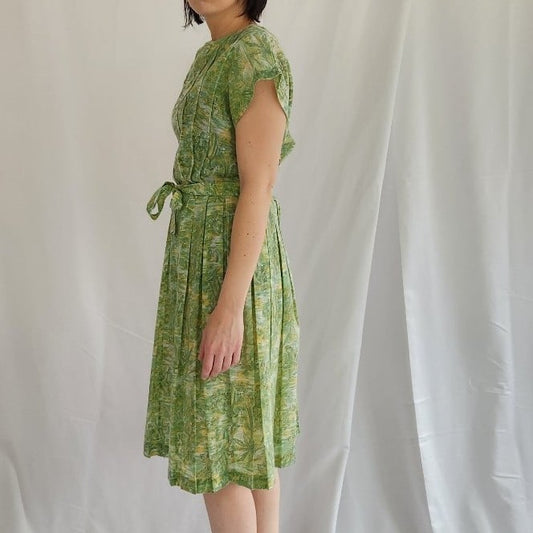 50s/60s Green and Yellow Novelty Print Dress