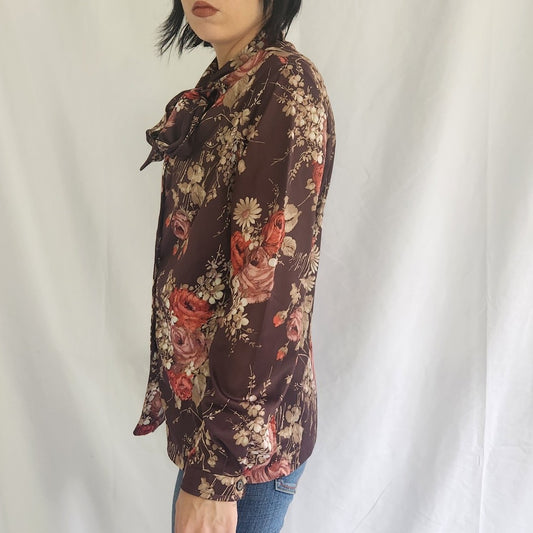70s Brown and Pink Floral Print Button Down Blouse