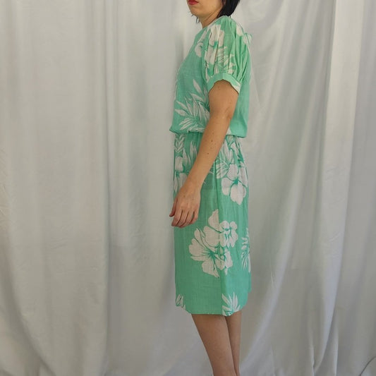 80s Green and White Tropical Floral Midi Dress