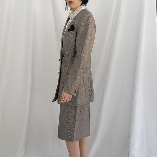 90s Brown Plaid Skirt Suit