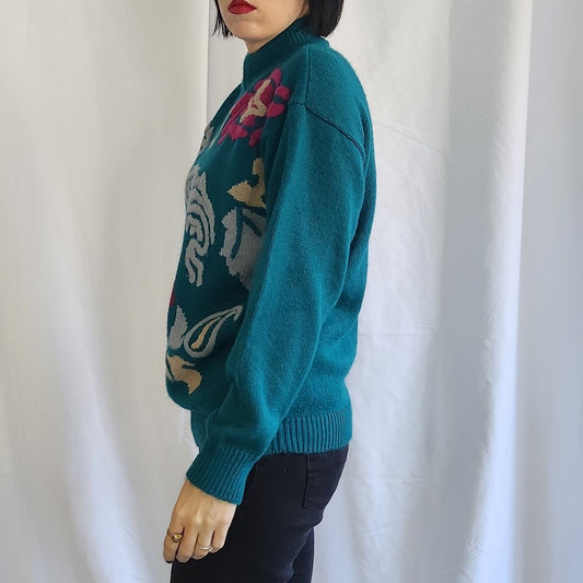 80s Teal and Purple Floral Mock Neck Sweater