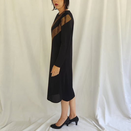 80s Black and Bronze Long Sleeve Midi Dress