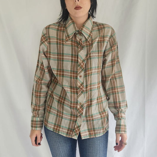 70s Brown and Green Plaid Button Down