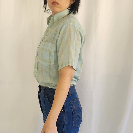 70s Blue and Yellow Plaid Shirt