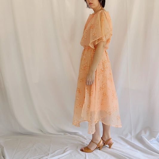 70s Coral Pink Flowy Floral Midi Dress