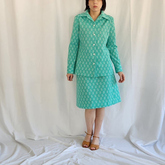 70s Green and White Floral Three Piece Leisure Suit