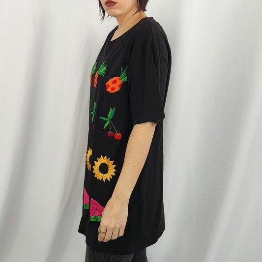 90s Black Fruit Embroidered Oversize Tee