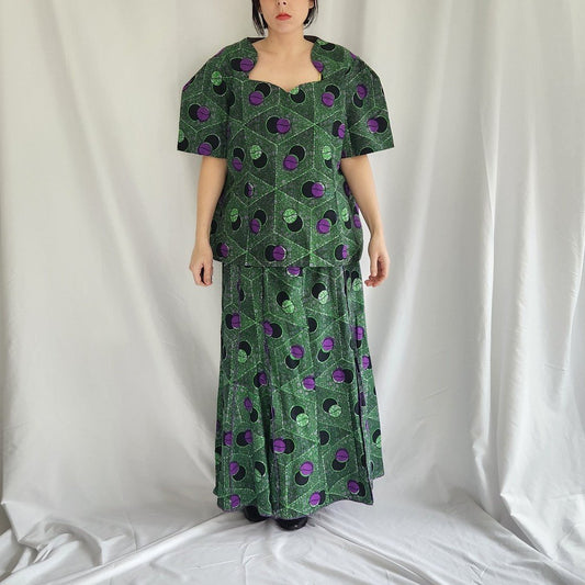 Vintage Green and Purple Geometric Hand Made Skirt Set