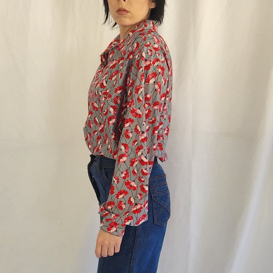 70s Home Made Gray and Red Floral Blouse