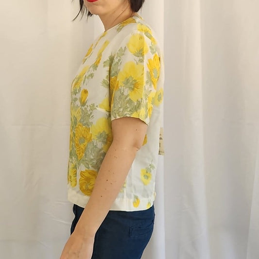 60s Deadstock White and Yellow Floral Top