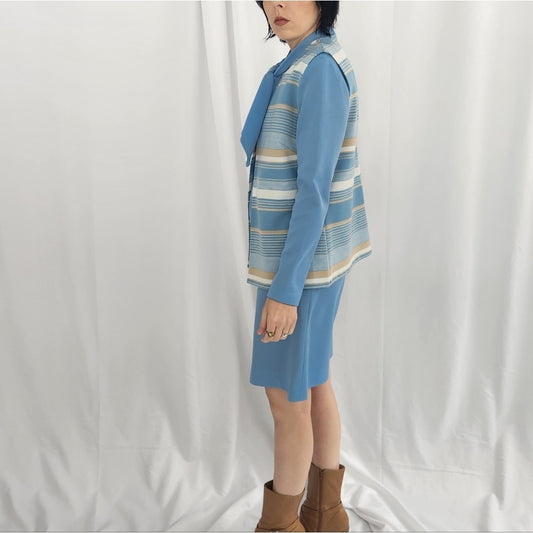 70s Blue Double Knit Polyester Dress with Vest Set