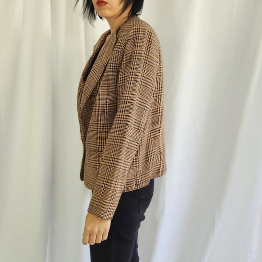 90s Tan and Black Plaid Blazer