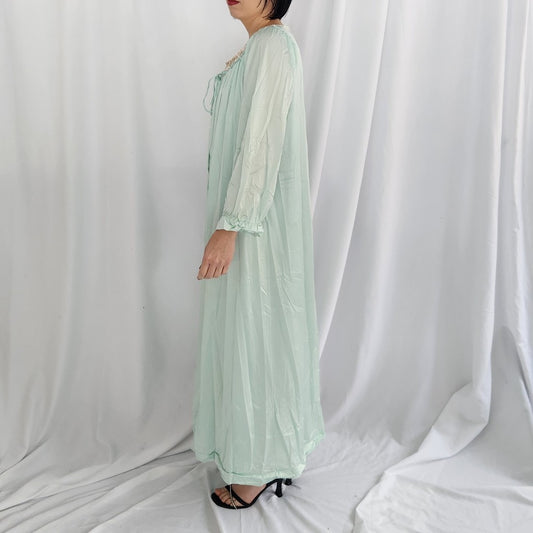 70s/80s Blue Nylon Peognoir Robe and Nightgown Set
