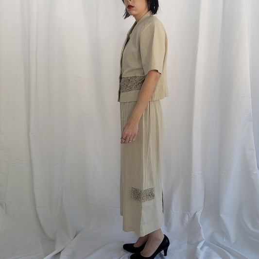 90s Beige Rayon Skirt Set