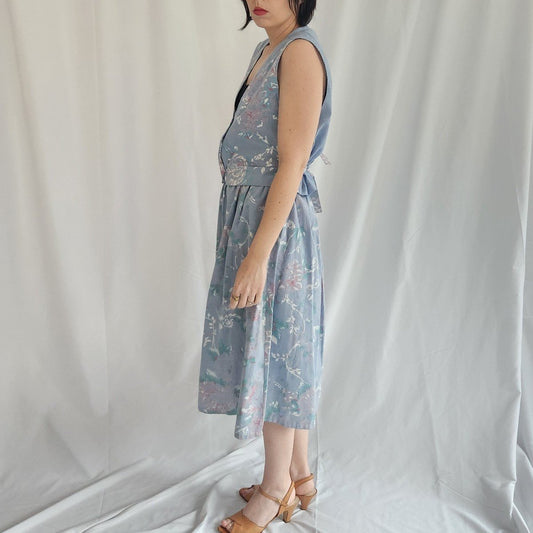 80s Blue Floral Vest and Skirt Set