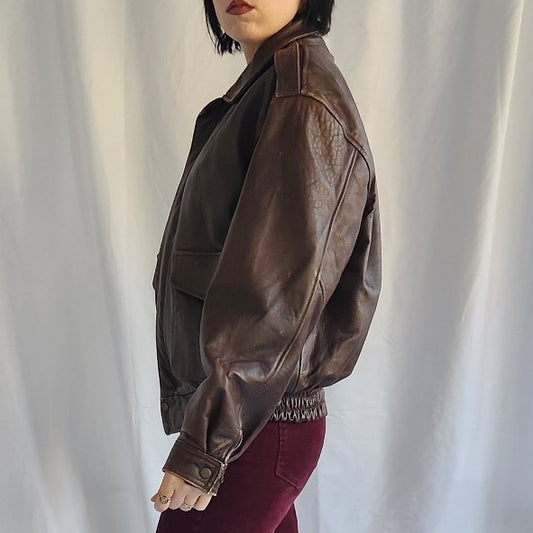 80s Brown Leather Bomber Jacket