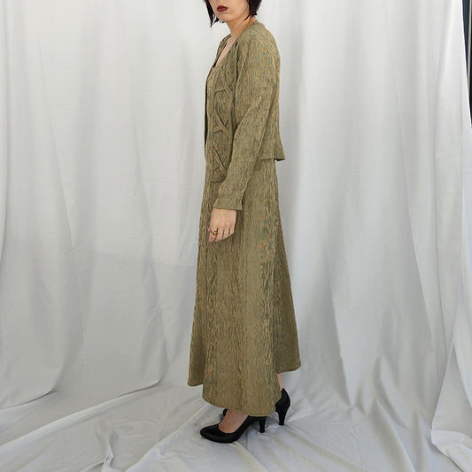 90s Tan and Green Plaid Maxi Dress with Jacket
