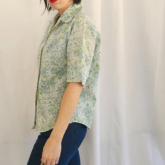 70s Green and Blue Floral Short Sleeve Button Down