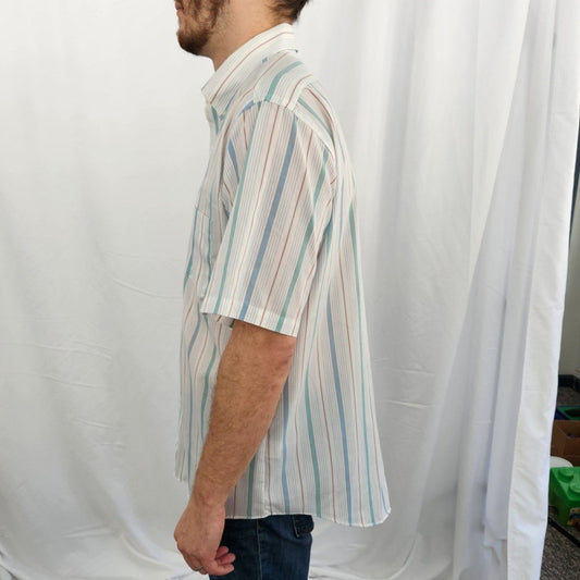 90s White, Blue, and Mauve Striped Short Sleeve Button Down