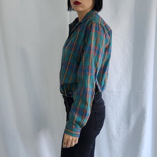 80s Teal Plaid Button Down Shirt