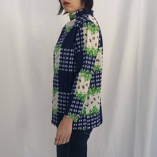 70s Handmade Blue and White Plaid Top