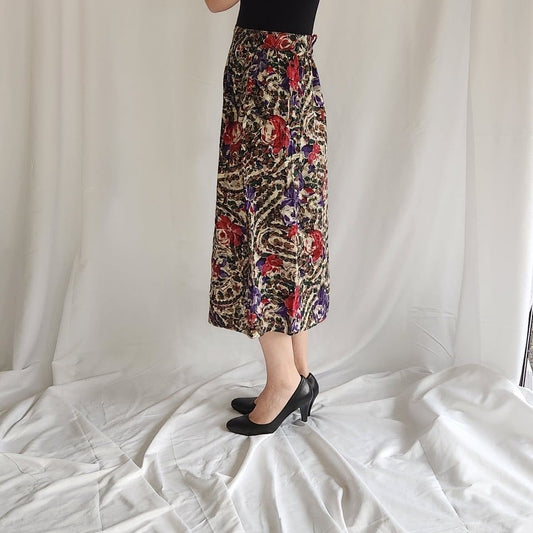 90s Floral Rayon Midi Skirt