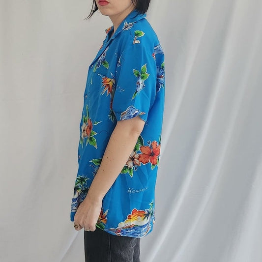 80s Blue and Orange Hawaiian Shirt