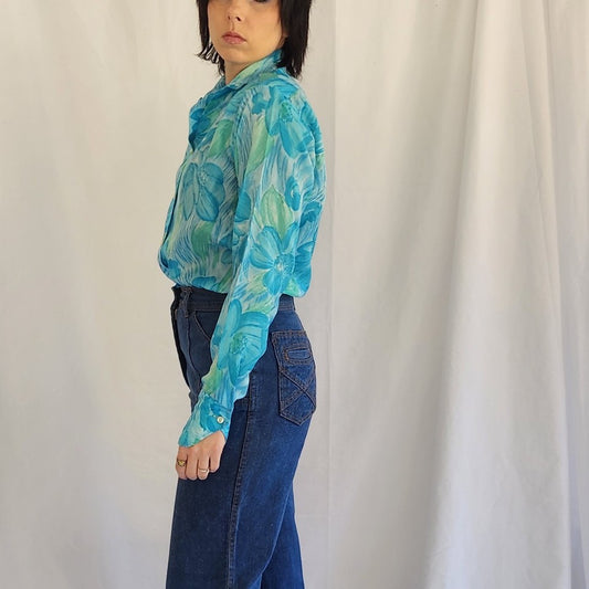 70s Blue and Green Floral Blouse