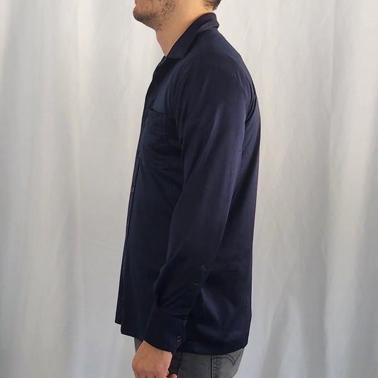70s Sears Navy Blue Satin Button Down Shirt