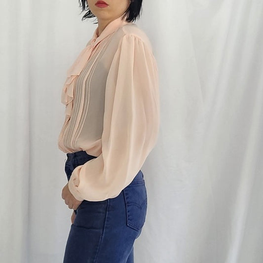 80s Sheer Pink Button Down with Frilly Collar