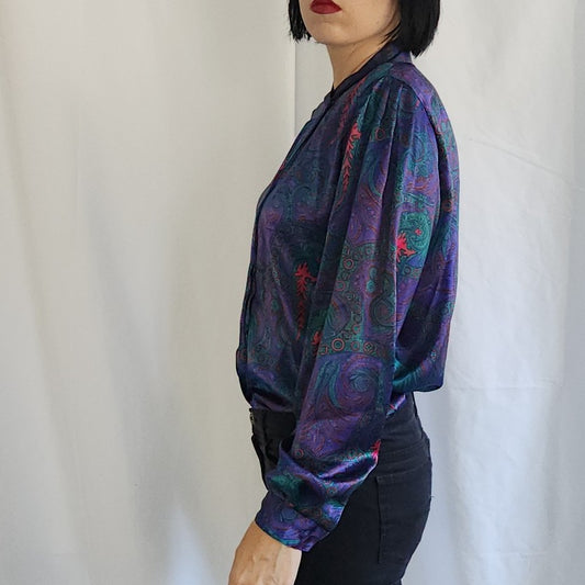 80s Purple, Teal, and Red Paisley Satin Blouse