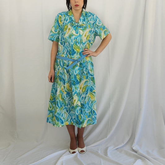 70s Deadstock Carol Brent Blue, Green, and Yellow Day Dress