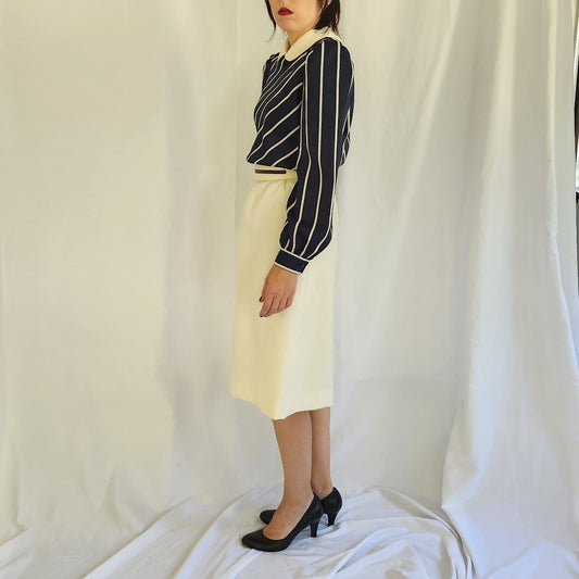 80s Blue and Cream Long Sleeve Dress