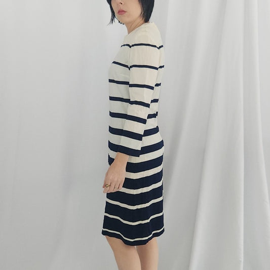 60s Cream and Navy Striped Long Sleeve Dress