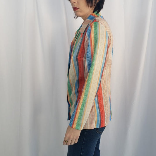 70s Coral and Blue Striped Dagger Collar Button Down