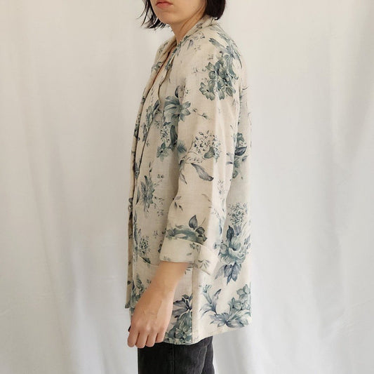 90s Tan and Blue Floral Linen Blend Blazer