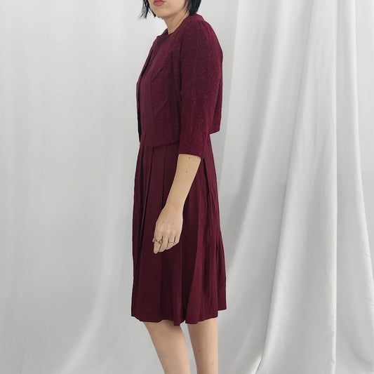 60s Cranberry Red Pleated Day Dress with Jacket