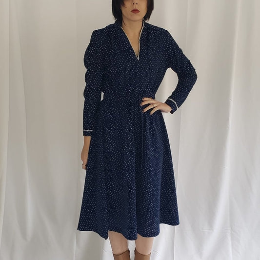 70s Hand Made Blue and White Day Dress