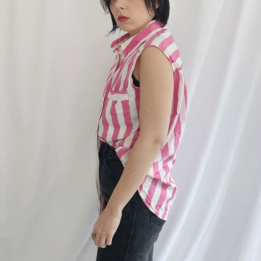 80s/90s Pink and White Striped Sleeveless Cotton Button Down