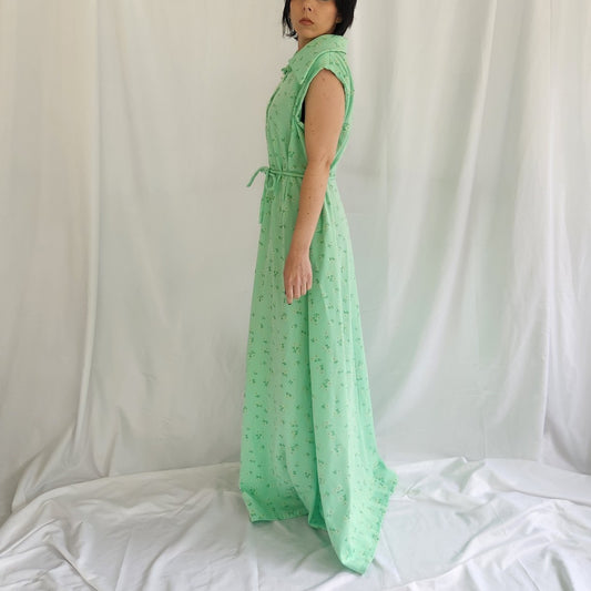 70s Home Made Green Floral Sleeveless Maxi Dress