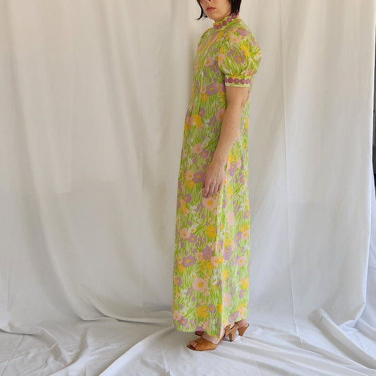 60s/70s Hand Made Floral High Neck Maxi Dress