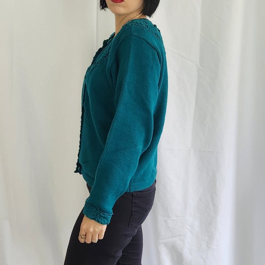 80s Teal Cardigan with Crochet Collar