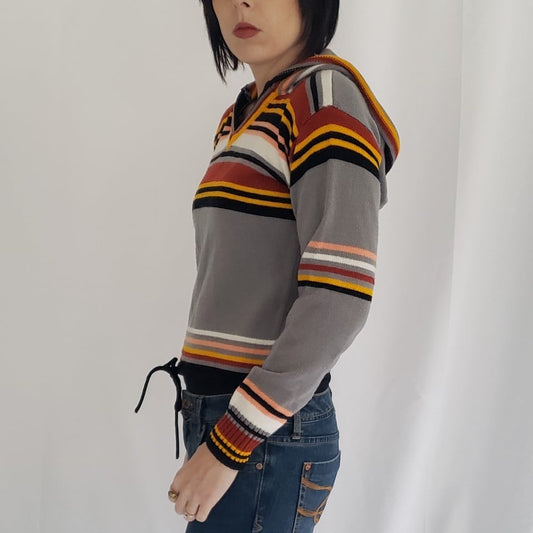 70s Gray Striped Hooded Sweater