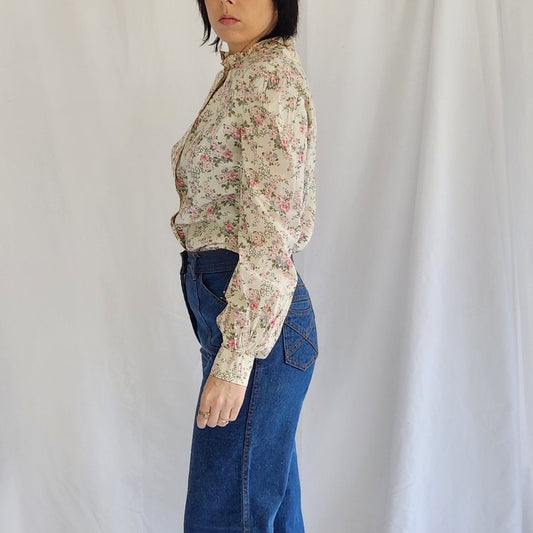70s Ivory and Pink Floral Home Made Blouse
