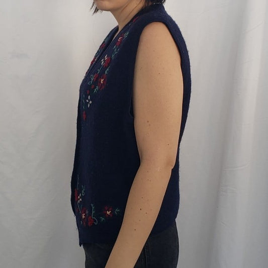Talbots Blue Wool Embroidered Sweater Vest