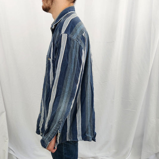 90s Blue and Green Striped Button Down