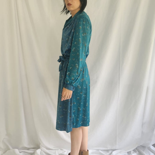 70s Teal Floral Long Sleeve Dress