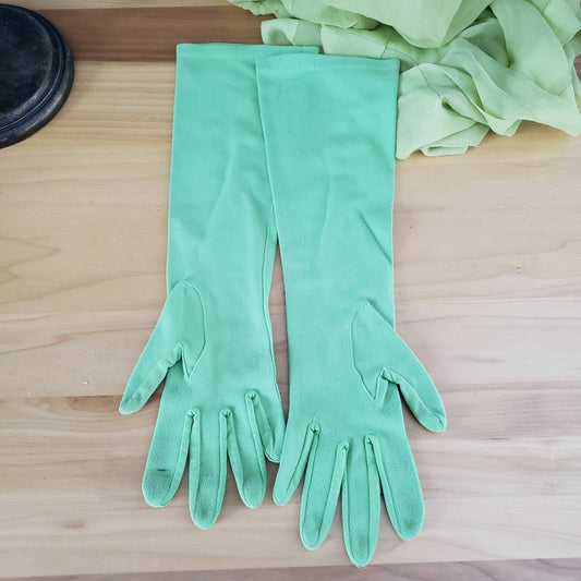 60s Green Elbow Length Gloves and Silk(?) Scarf