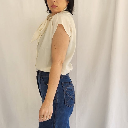 70s Ivory Sleeveless Blouse with Bow