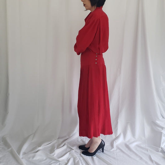 80s/90s Red Silk Skirt Set
